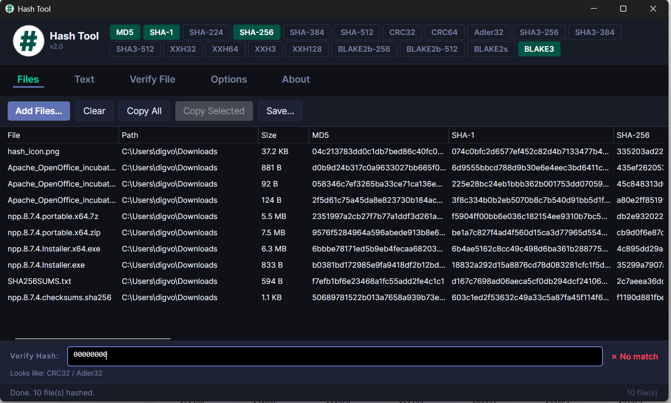 Hash Tool Screenshot - dark mode